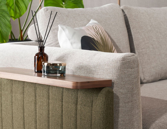 Canapé modulaire en tissu céladon avec table d'appoint mobile