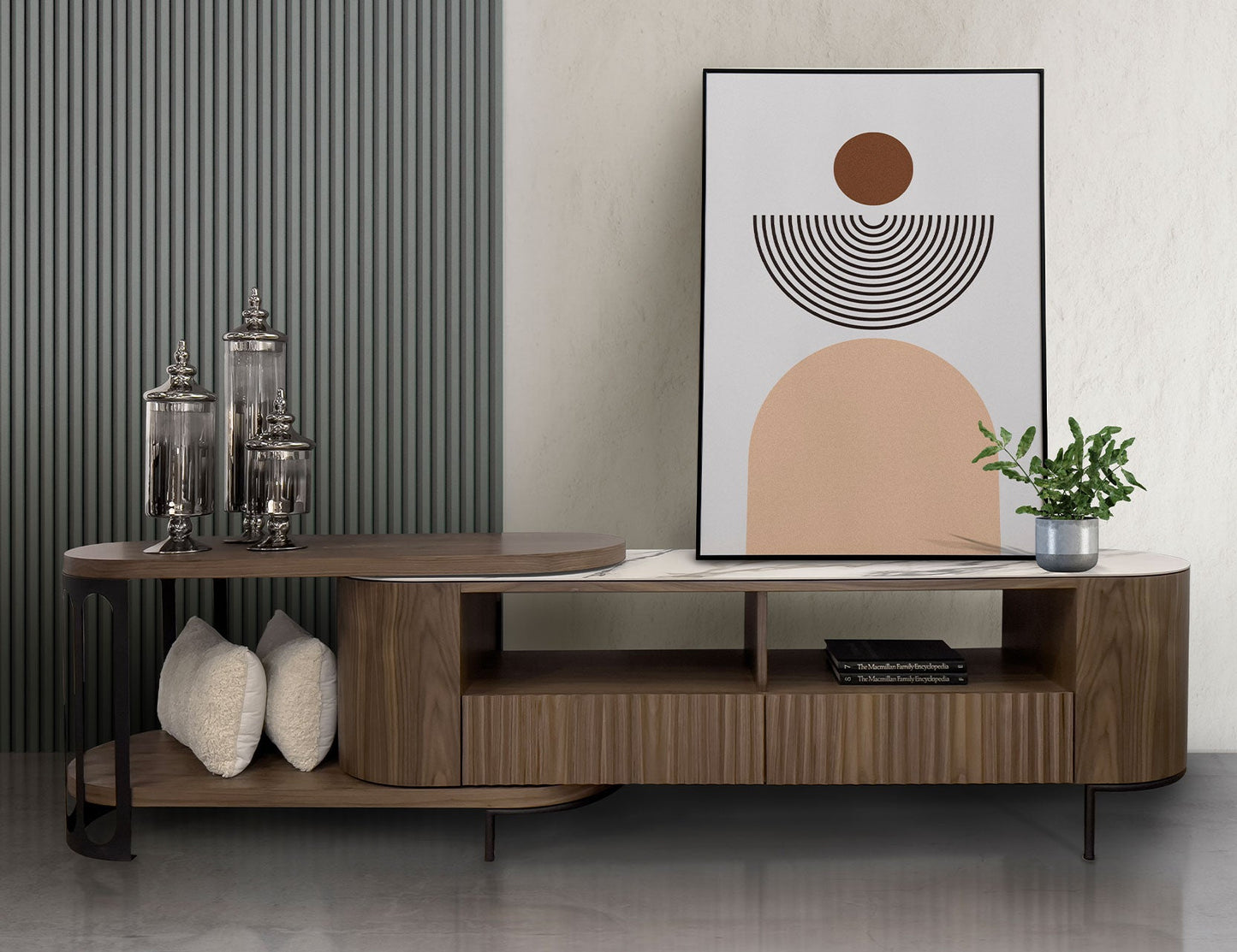 Console TV extensible avec plateau en pierre frittée FLUTO