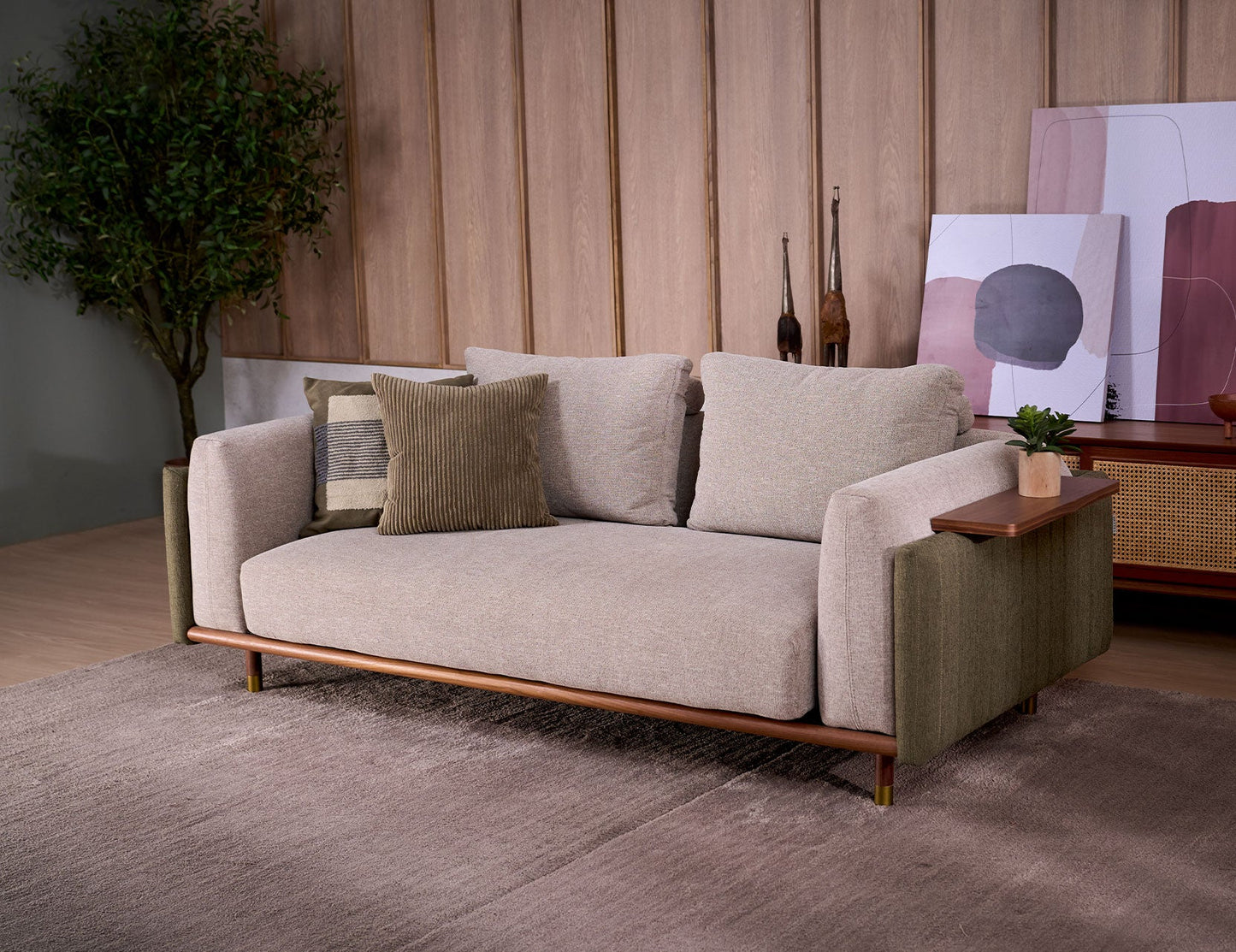 Canapé modulaire en tissu céladon avec table d'appoint mobile