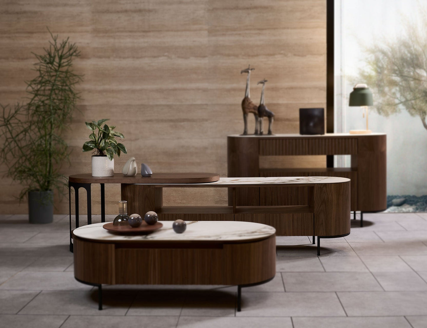 Console TV extensible avec plateau en pierre frittée FLUTO