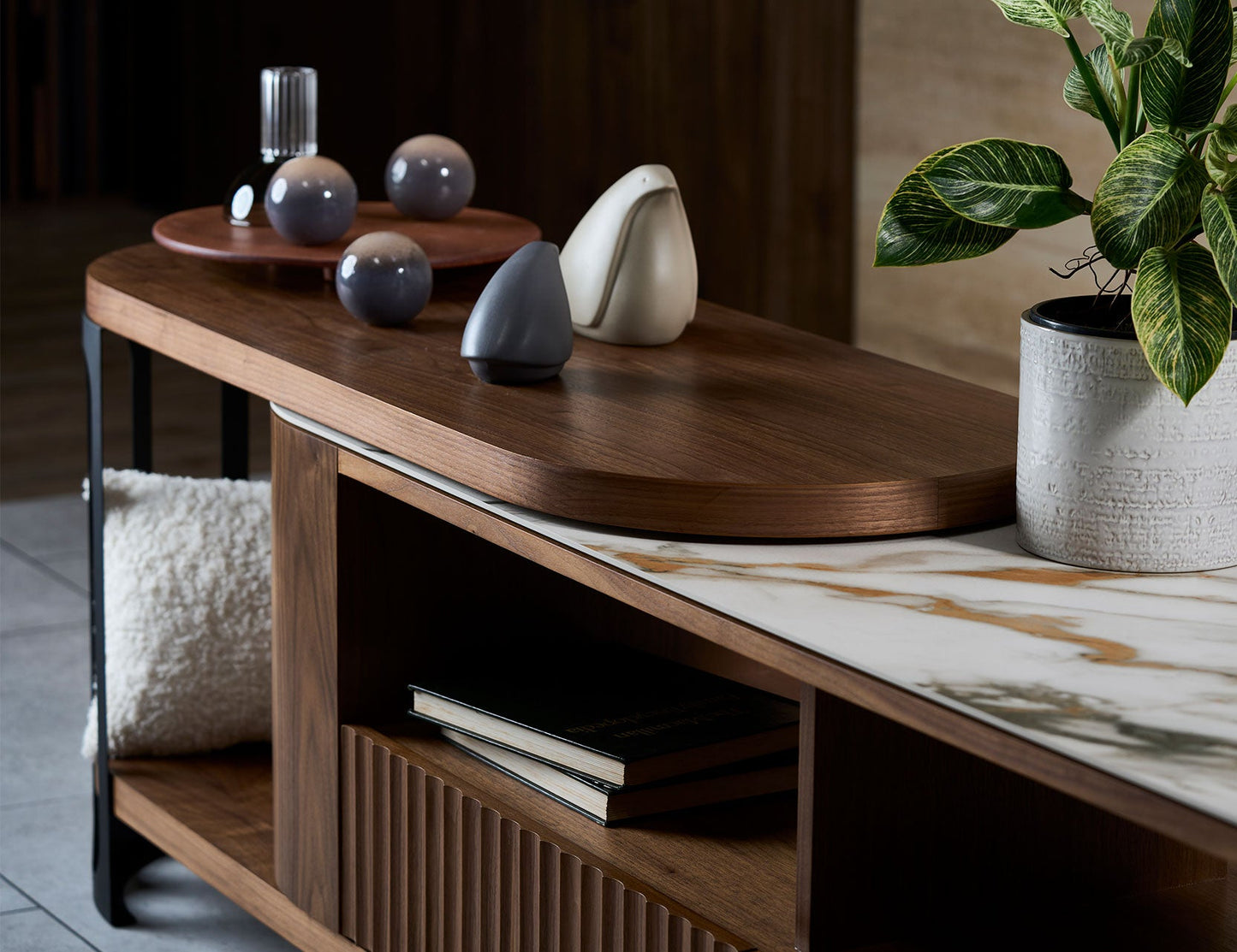 Console TV extensible avec plateau en pierre frittée FLUTO