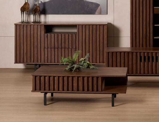 Table basse en bois cannelé LOUVRE avec tiroir de rangement