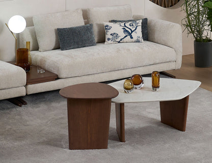 Table basse ARC avec plateau en quartz et accents en marbre